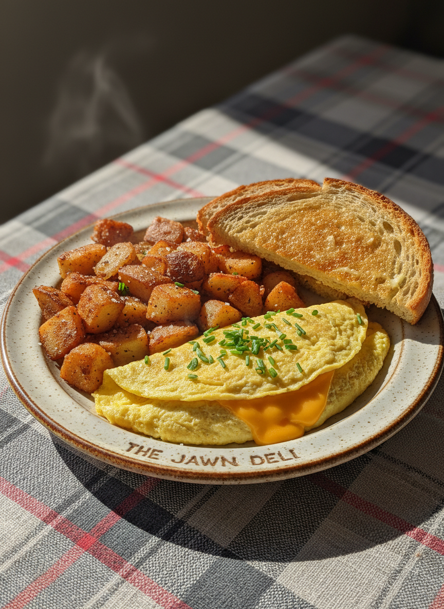A hearty homemade breakfast plate from The Jawn Deli arranged neatly on a speckled stoneware dish: golden-brown home fries with crisp edges, two perfectly toasted slices of thick-cut bread, and a folded omelet with gooey cheddar just beginning to spill out, garnished with a sprinkle of herbs. The plate sits on a simple plaid tablecloth in muted reds and grays that nod to upstate New York coziness. Morning sunlight pours in from the left, casting soft, elongated shadows and a gentle glow across the food. Steam rises subtly from the potatoes. Photographic realism, shot from a slightly elevated angle with sharp focus throughout, creating a warm, welcoming breakfast scene ideal for a neighborhood spot in Plattsburgh.