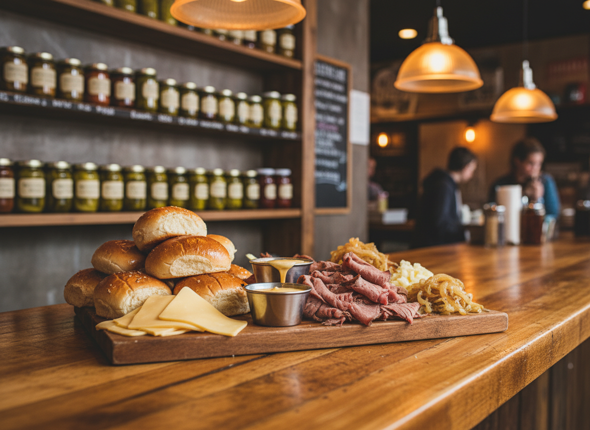 A rustic wooden deli counter at The Jawn Deli, its surface worn smooth with rich honey-brown grain, supporting an overflowing wooden board of classic Philly and deli ingredients. There are glossy seeded rolls, thinly sliced roast beef, glistening provolone, caramelized onions, and a small metal ramekin of creamy cheese sauce just beginning to drip. Behind the counter, shelves display glass pickle jars and jars of house-made spreads. Warm pendant lights cast a gentle amber glow, creating soft reflections on the glass and metal. Photographic realism, shot at eye level with a shallow depth of field so the background decor blurs softly, evoking a cozy, inviting neighborhood deli atmosphere in Plattsburgh, NY.