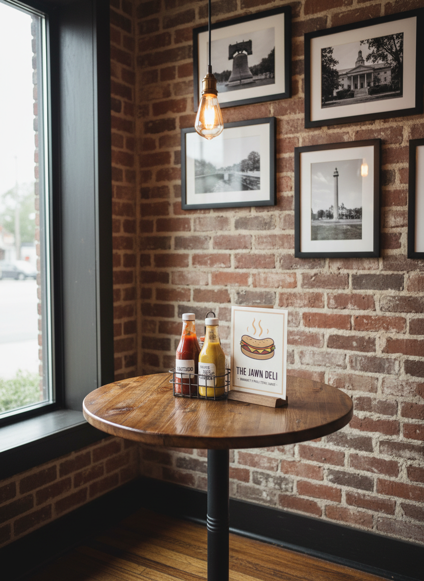 An inviting interior corner of The Jawn Deli without any people, featuring a small two-top wooden table set against an exposed brick wall adorned with framed black-and-white photos of Philadelphia and Plattsburgh landmarks. On the table, a metal caddy holds ketchup, mustard, and house-made hot sauce in glass bottles, alongside a folded paper menu labeled “The Jawn Deli – Breakfast & Philly-Style Lunch.” Soft, warm overhead lighting and indirect daylight from a nearby window create a cozy, ambient mix, with gentle reflections on the glass bottles. Photographic realism, composed with the table in the foreground and the brick wall receding into soft focus, conveying a relaxed, locally inspired neighborhood deli atmosphere.