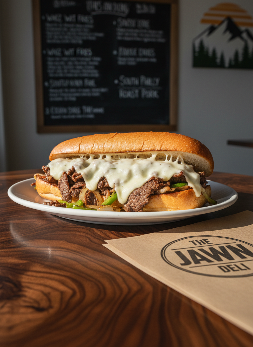 A towering Philly cheesesteak sandwich on a white ceramic plate, the crusty roll split open to reveal thin ribbons of seared beef, melted provolone stretching between slices, and sautéed peppers and onions glistening with flavor. The plate rests on a dark walnut table with visible grain, next to a branded brown deli paper liner that reads “The Jawn Deli.” In the background, slightly out of focus, a chalkboard menu with handwritten specials and a hint of Adirondack-themed wall art. Natural afternoon light streams through an unseen window, creating gentle highlights along the sandwich and subtle shadows on the tabletop. Photographic realism, three-quarter angle composition, vibrant yet cozy mood, perfect for showcasing a signature Philly-inspired lunch.
